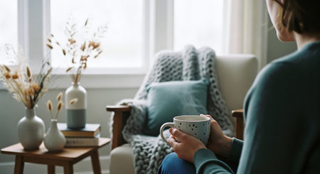 Young woman with cup of coffee sitting on sofa in living room at homeの素材