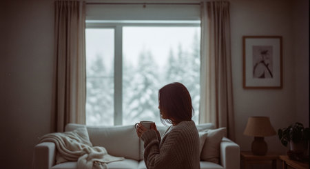 A woman sitting on a couch, holding a cup, looking out a window with snowy trees in the background, cozy indoor settingの素材