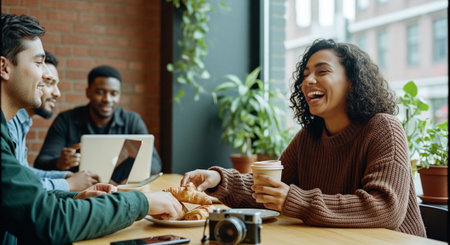 A group of friends enjoying coffee and pastries in a cozy cafe, with plants in the backgroundの素材