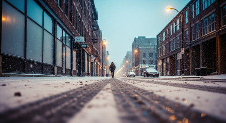 A solitary figure walking down a snow-covered street in an urban setting, with buildings lining the street and snow falling gentlyの素材