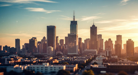 A panoramic view of a city skyline during sunset, showcasing tall skyscrapers and modern architecture with a warm glow in the skyの素材