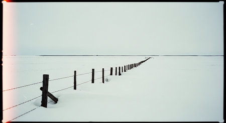 A long fence stretching across a snow-covered landscape under a gray skyの素材