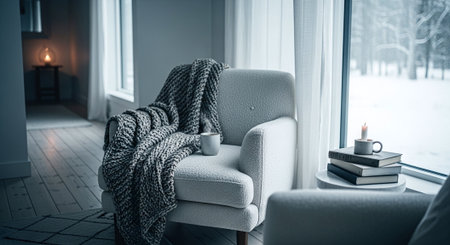 A cozy living room with a soft armchair draped in a knitted blanket, a steaming mug on the armrest, a stack of books on a side table, and a candle lit nearby, with snow outside the windowの素材