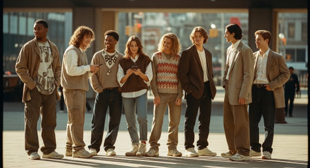 A group of young adults standing together in an urban setting, dressed in casual and stylish clothing, with a mix of hairstyles and expressions, some looking at their phonesの素材