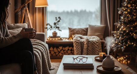 A cozy living room scene with a person holding a mug, a decorated Christmas tree, soft lighting, and a view of snow outsideの素材