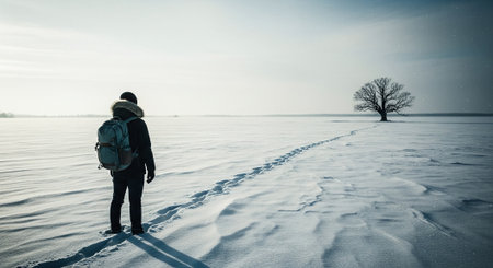 A solitary figure standing in a snowy landscape, looking towards a distant tree, with footprints leading through the snowの素材