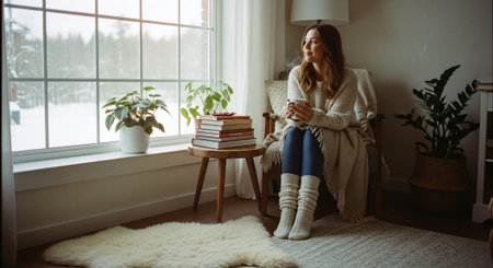 Relaxed young woman with cup of coffee sitting on window sill at homeの素材
