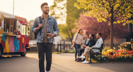 Handsome bearded man in casual clothes is holding a cup of coffee and smiling while standing on the street with his friends.の素材