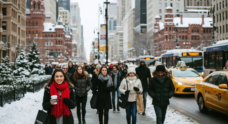 A group of people walking in the streets of New York.の素材