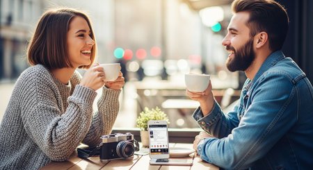 Beautiful couple is drinking coffee and smiling while sitting in cafe outdoorsの素材