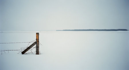 Fence in the middle of a frozen lake on a cold winter dayの素材