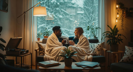 Couple in bathrobes sitting on the windowsill in the living room at homeの素材
