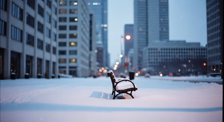 Bench in the snow on the background of skyscrapers in the eveningの素材