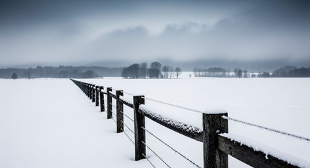 Wooden fence on a snow covered field in the countryside in winterの素材