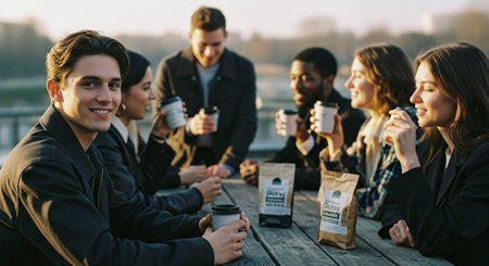 A group of young adults enjoying coffee outdoors, sitting at a wooden table, smiling and chatting, with coffee cups and bags of coffee in view, warm lightingの素材