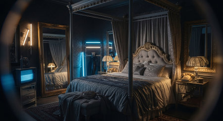 A luxurious bedroom featuring a four-poster bed, elegant decor, vintage lamps, and modern lighting accents, creating a cozy yet sophisticated atmosphereの素材