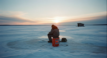 A person ice fishing on a frozen lake at sunset, with a small fishing hut in the backgroundの素材