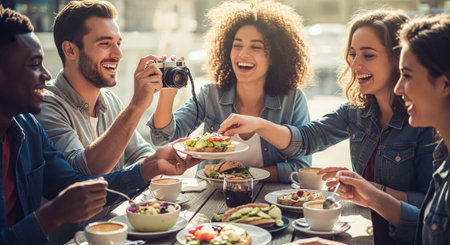 A group of friends enjoying a meal together at a cafe, smiling and taking photos, with various dishes on the tableの素材