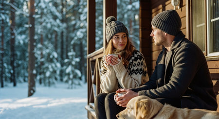 A couple sitting on a porch in winter, wearing warm sweaters and hats, holding mugs, with a dog beside them and snow-covered trees in the backgroundの素材