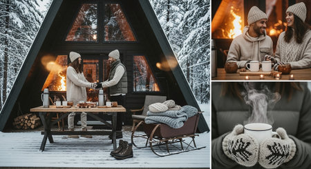 A cozy winter scene featuring a couple in warm clothing, standing outside a modern cabin in the snow, with a table set for drinks and snacks, surrounded by snowy treesの素材