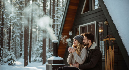 A couple enjoying a warm drink outside a cozy cabin in a snowy forest, steam rising from their mugs, surrounded by tall treesの素材