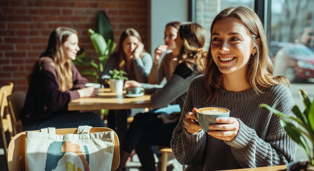 A young woman smiling while holding a cup of coffee in a cozy cafe, with friends chatting in the backgroundの素材