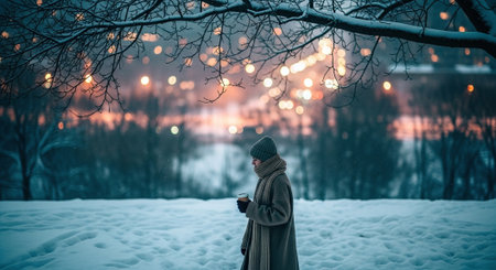 A woman walking in a snowy landscape during twilight, holding a coffee cup, with soft glowing lights in the backgroundの素材