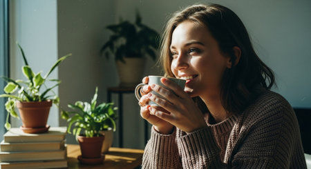 A young woman enjoying a warm drink while sitting by a window, surrounded by plants and books, with a cozy atmosphereの素材