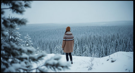 A woman standing on a snowy hill overlooking a vast forest of evergreen trees in winterの素材