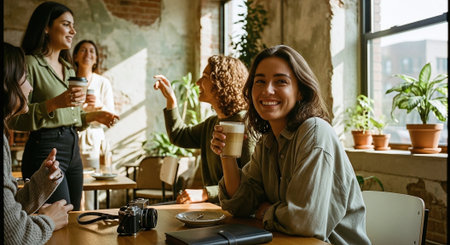 A group of young women enjoying coffee in a cozy cafe, one woman smiling at the camera while holding a drink, plants in the backgroundの素材