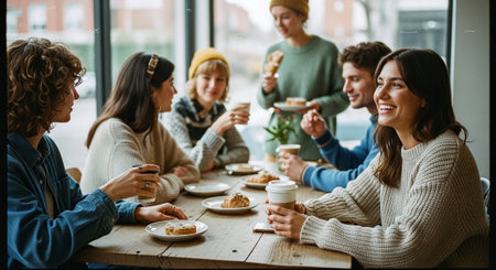 A group of friends enjoying coffee and pastries at a cozy cafe, smiling and chatting around a wooden tableの素材