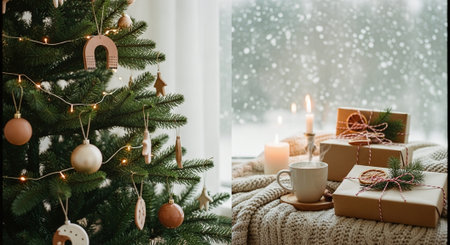 A cozy holiday scene featuring a decorated Christmas tree with ornaments and lights, alongside a window view of falling snow, candles, and wrapped gifts on a knitted blanketの素材