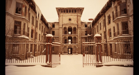 An abandoned building covered in snow, featuring ornate architecture and a gated entrance, creating a haunting yet beautiful winter sceneの素材