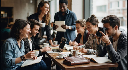 A group of young adults collaborating in a cozy cafe, engaged in discussions, using laptops and tablets, with coffee cups and notebooks on the tableの素材