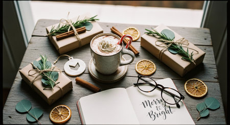 A cozy holiday scene with a cup of hot chocolate topped with whipped cream and a candy cane, surrounded by gifts, dried orange slices, greenery, an open notebook saying merry & Bright,' and glasses.の素材