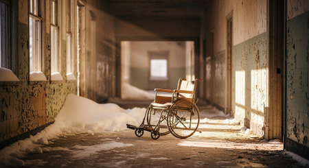 An abandoned wheelchair in a deserted hallway, sunlight streaming through windows, snow on the floor, peeling paint on walls, a sense of neglect and solitudeの素材