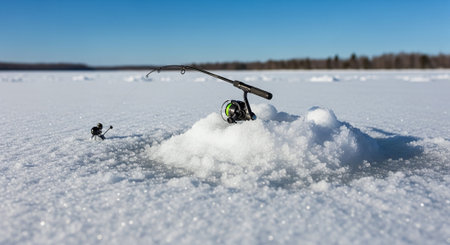 A fishing rod and reel on a snowy ice surface, with a small mound of snow, showcasing winter fishingの素材