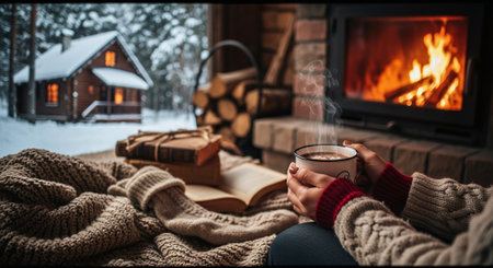 A cozy winter scene featuring a person holding a steaming mug, sitting on a warm blanket near a fireplace, with a cabin and snow outsideの素材