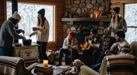 A cozy winter gathering in a cabin with friends, cooking, playing guitar, and enjoying the warmth of a fireplaceの素材
