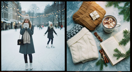 A woman in a winter coat stands on an ice rink, hands to her face, with festive lights; beside her, a cozy scene with knitted sweaters, a book, hot chocolate, cinnamon sticks, and pine branchesの素材