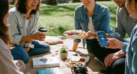 A group of friends enjoying a picnic on a blanket in a park, sharing food and drinks, with a smartphone and books nearbyの素材