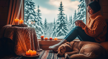 A cozy indoor scene featuring a woman in a warm sweater sitting by a window, holding a cup, with a golden retriever dog lying beside her, surrounded by candles and a snowy landscape outsideの素材