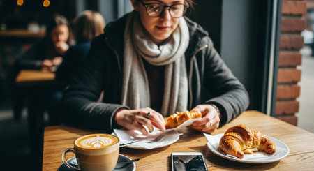 A woman sitting at a cafe table enjoying a croissant and coffee, with a smartphone nearbyの素材