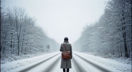 A person standing on a snow-covered road surrounded by trees in winterの素材