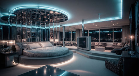 A luxurious modern bedroom with a circular bed, ambient blue lighting, and a stylish living area featuring a large TV and panoramic windowsの素材