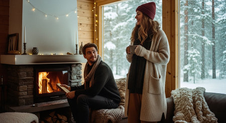 A cozy winter scene featuring a couple indoors by a fireplace, with snow visible outside the window, warm lighting, and a relaxed atmosphereの素材