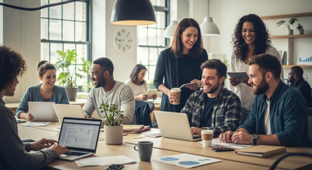 A diverse group of professionals collaborating in a modern office space, engaged in discussions and working on laptops, with plants and a bright atmosphereの素材