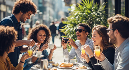 A group of friends enjoying brunch outdoors, laughing and toasting with drinks, surrounded by greenery and a lively urban atmosphereの素材