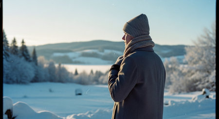 A person standing in a snowy landscape, wearing a warm coat, hat, and scarf, with mountains and trees in the backgroundの素材
