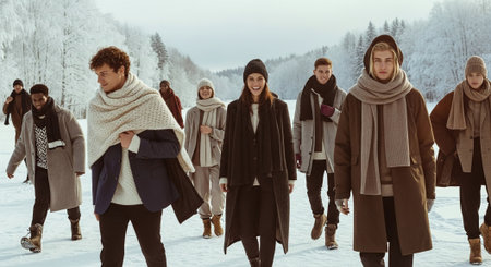 A group of diverse individuals walking together in a snowy landscape, dressed in stylish winter clothing, showcasing a sense of camaraderie and fashionの素材